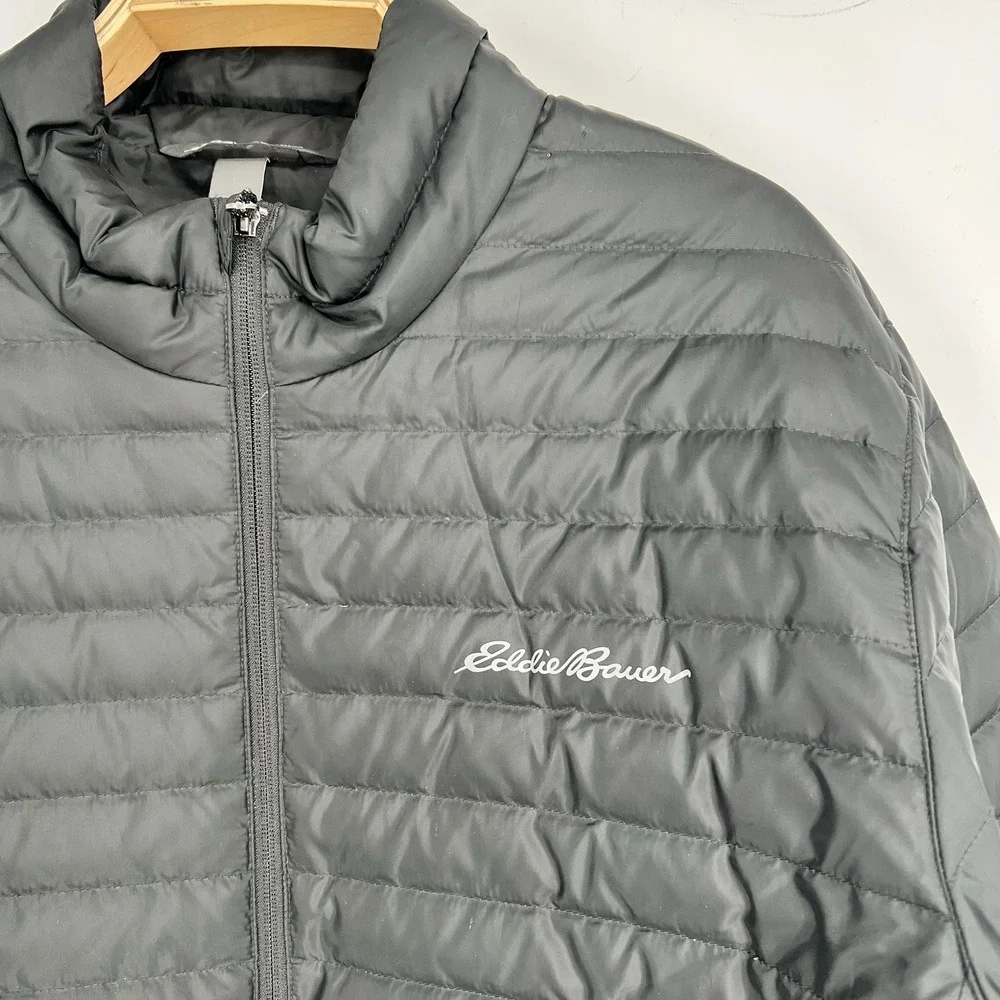 Eddie Bauer Puffer Jacket Mens 2XL Black Solid Full Zip Down Filled Quilted Logo